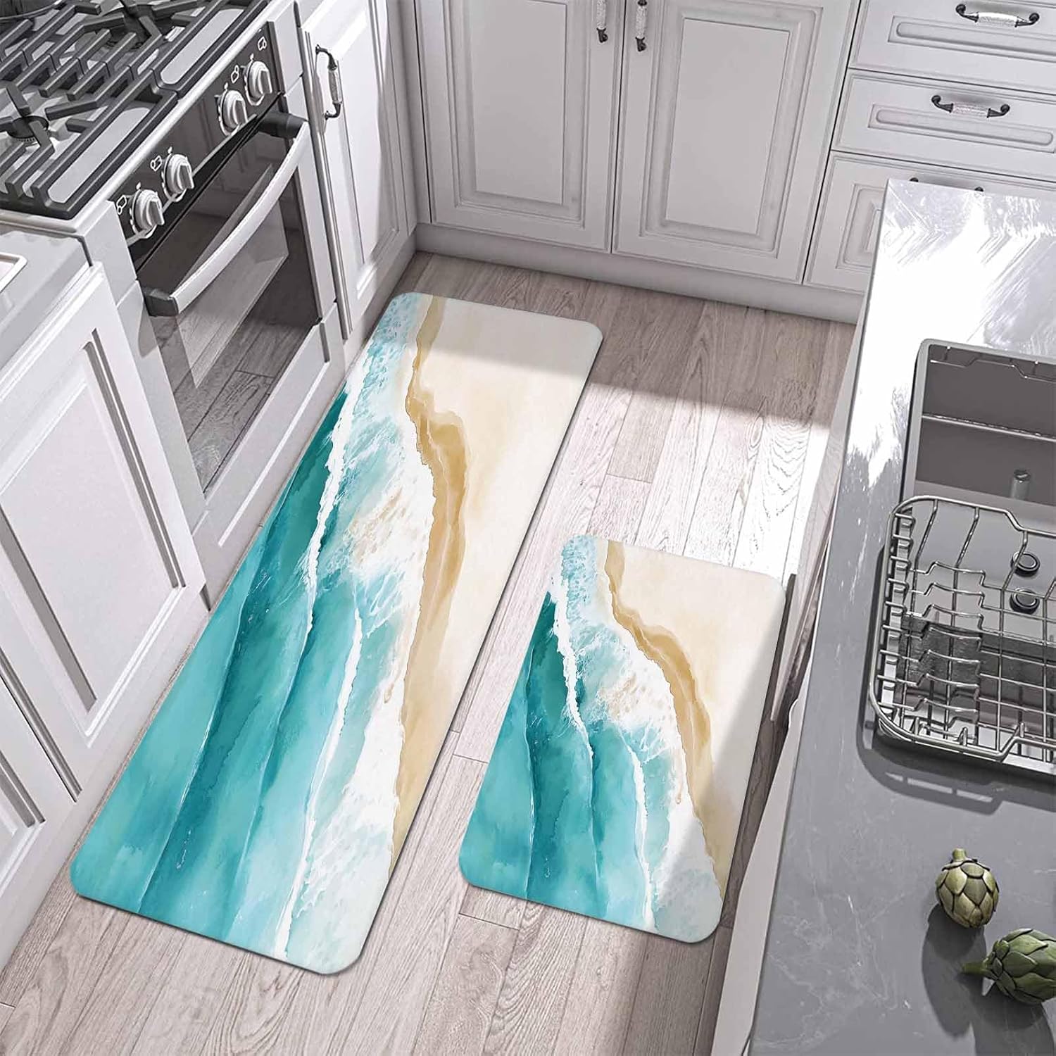 Summer Nautical Beach Seaside Kitchen Rug and Mat,Washable Floor Mats Standing Cushioned Set of 2,Abstract Coastal Ocean Theme Slip-Proof Doormat Runner Rugs for Indoor Bathroom Laundry Sink