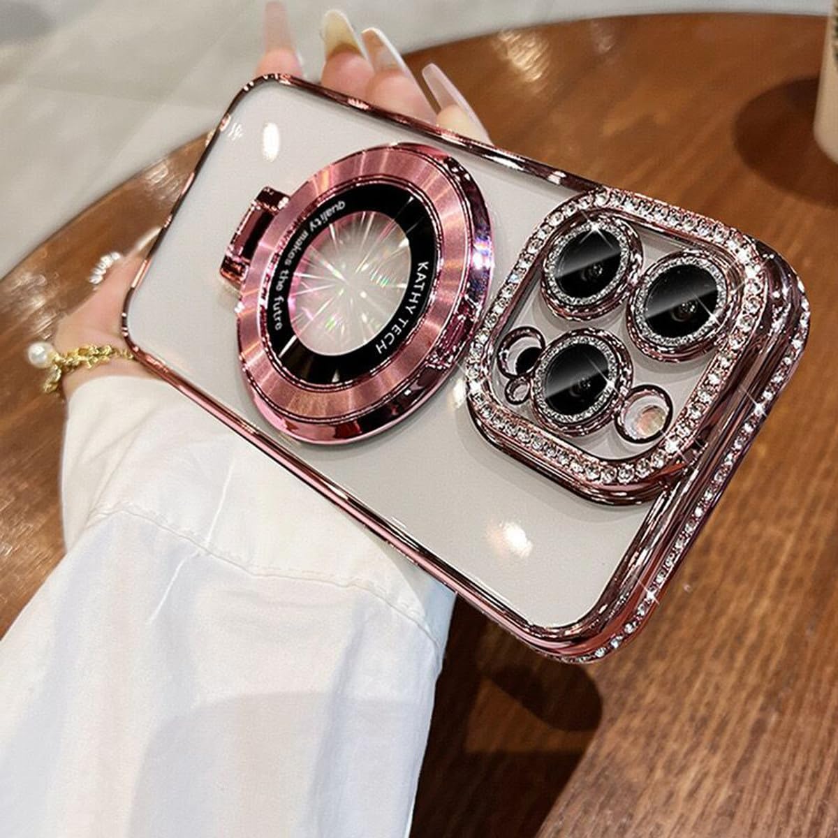 Magnetic Clear Glitter Case for iPhone 15 Pro Max, [Compatible with Magsafe] Bling Sparkly Diamond Rhinestone with Kickstand Camera Protector Women Girls Case for iPhone 15 Pro Max 6.7", Pink - Image 5