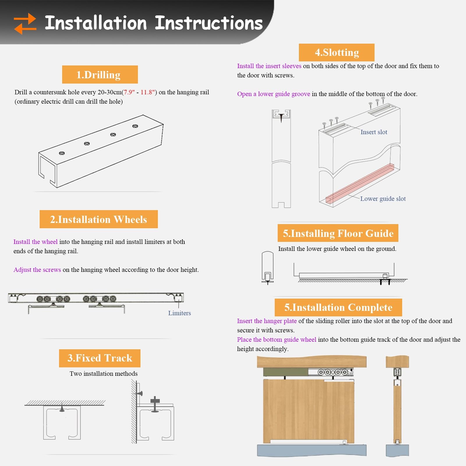 Kit de herrajes para puerta de bolsillo, sistema de riel de puerta corredera doble para puertas interiores de madera, guía superior de deslizamiento suave y silencioso para armario