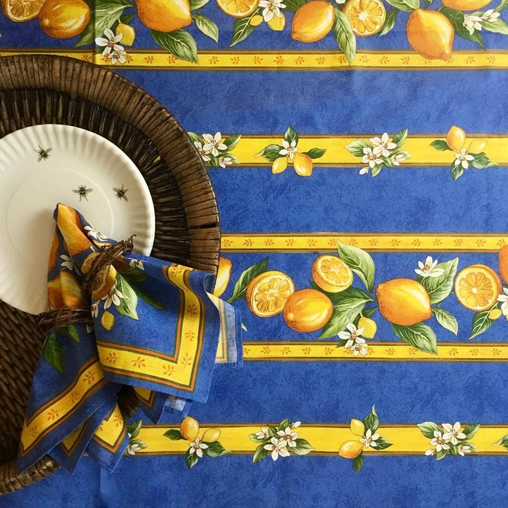 Amelie Michel Wipe-Clean French Tablecloth in Lemons, Blue | Authentic French Acrylic-Coated 100% Cotton Fabric | Easy Care, Spill Proof [60" x 120" Rectangle]