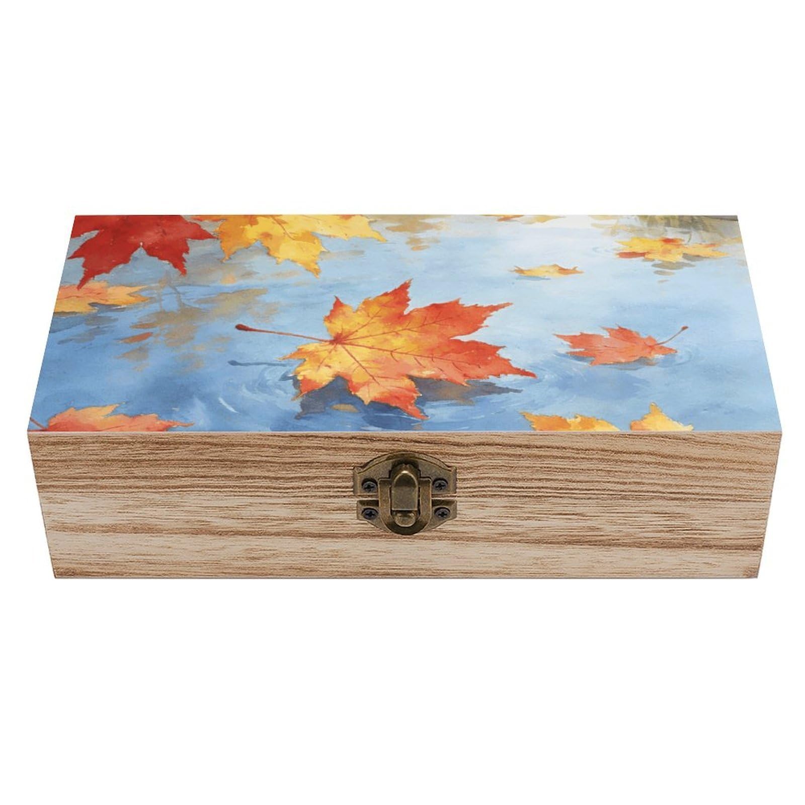 LZQPOEAS Fall Maple Leaves Wooden Storage Box Small Decorative Box with Hinged Lid Handmade Elegant Keepsake Storage Box for Jewelry, Photos, Trinkets, Letter Gifts, Small Heirlooms