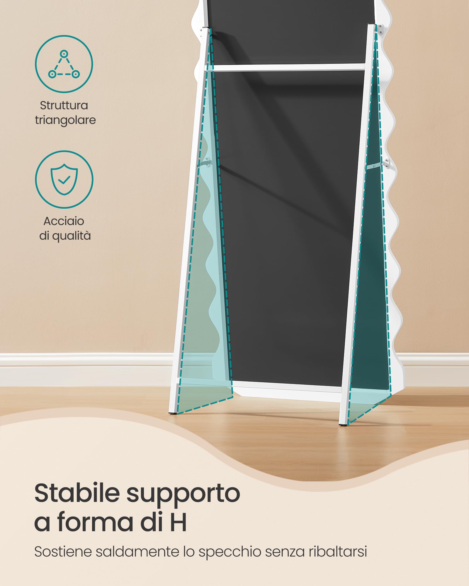SONGMICS Specchio da Terra a Figura Intera, 160 x 50 cm, Specchio Ondulato Irregolare con Supporto, Cornice in MDF, Camera da Letto Soggiorno Ingresso, Bianco Nuvola LFM027W01