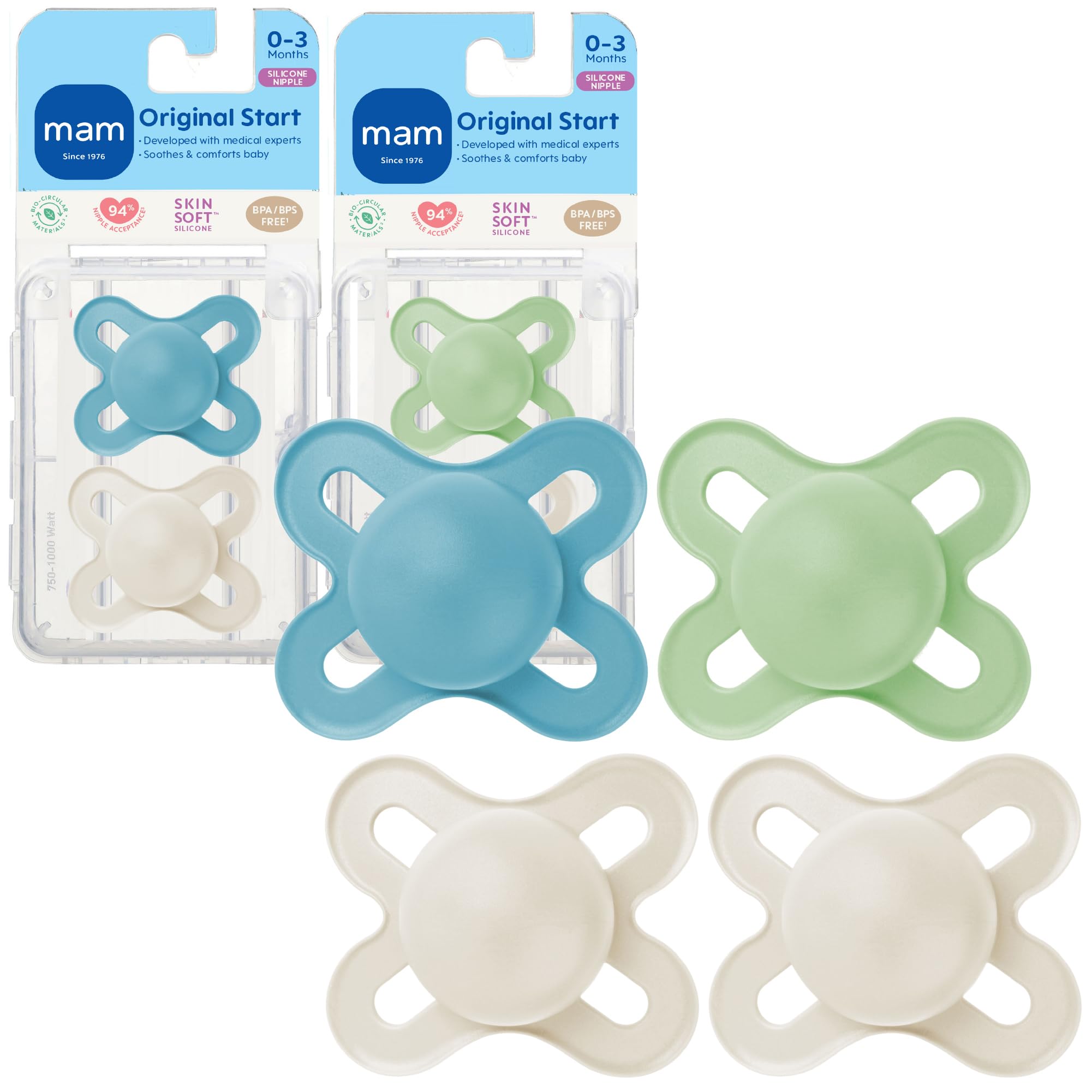 Original Start Matte Baby Pacifiers 0-3 Months Newborns, BPA-Free Skin Soft Silicone Nipple, Developed with Medical Experts, Easy to Clean, 4 Count