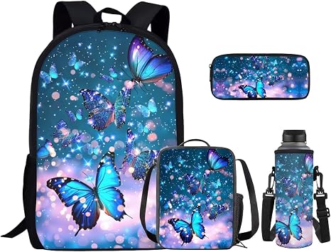 4PCS Blue Butterfly Backpack for Girls Starry Sky School Bag Set with Lunch Box Pencil Case and Water Bottle Holder Trendy Backpack 4 in 1 Set for Travel Children Teens Rucksack