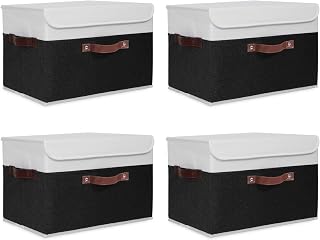 ANMINY Fabric Storage Box Bins with Lids, Black White, 15"x10"x10", 4 Pack | Keepsake Memory Storage, Cotton Linen, PP Board Reinforced, Washable, PU Handles, Foldable & Stackable, Decorative, Large