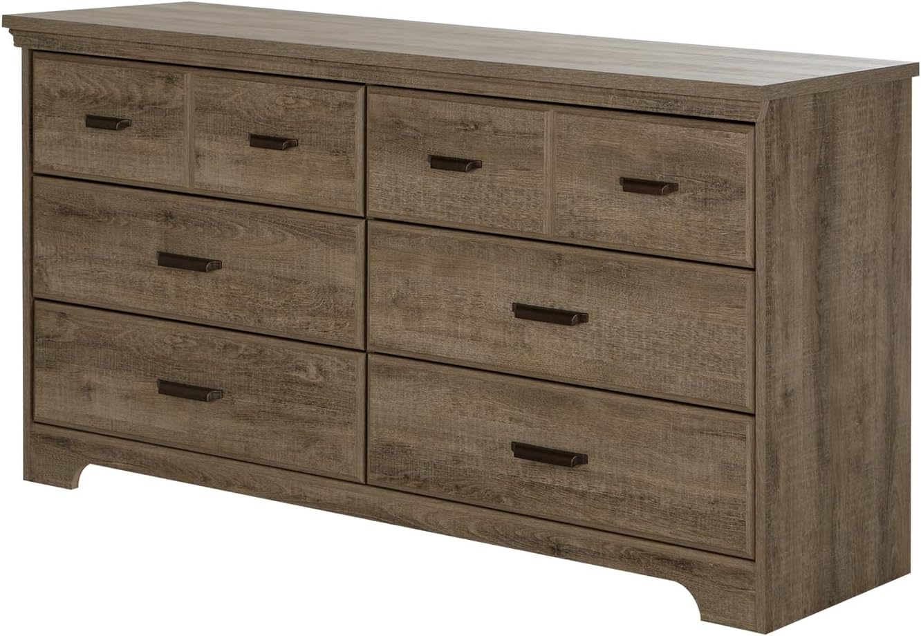 South Shore Versa Collection 6-Drawer Double Dresser, Weathered Oak with Antique Handles
