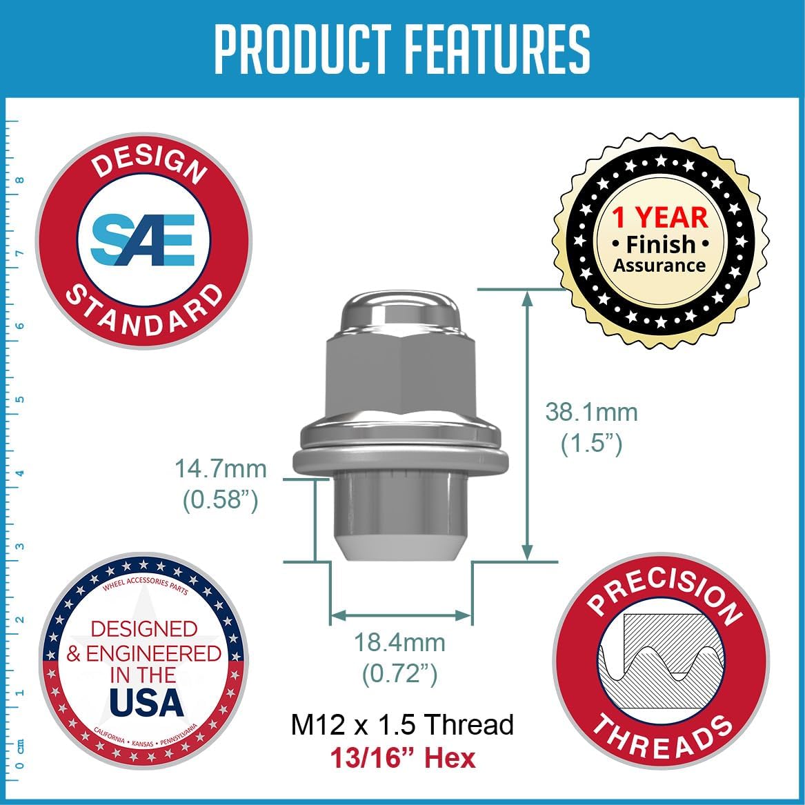 Wheel Accessories Parts 60 Pcs M12x1.5 12x1.5 Thread OEM Factory Style Lug Nuts 1.5" Long Chrome 13/16" 21mm Hex Hex Fits Toyota Camry ｜ Corolla ｜ 17-23 Tacoma 4Runner 90084-94001 611-211