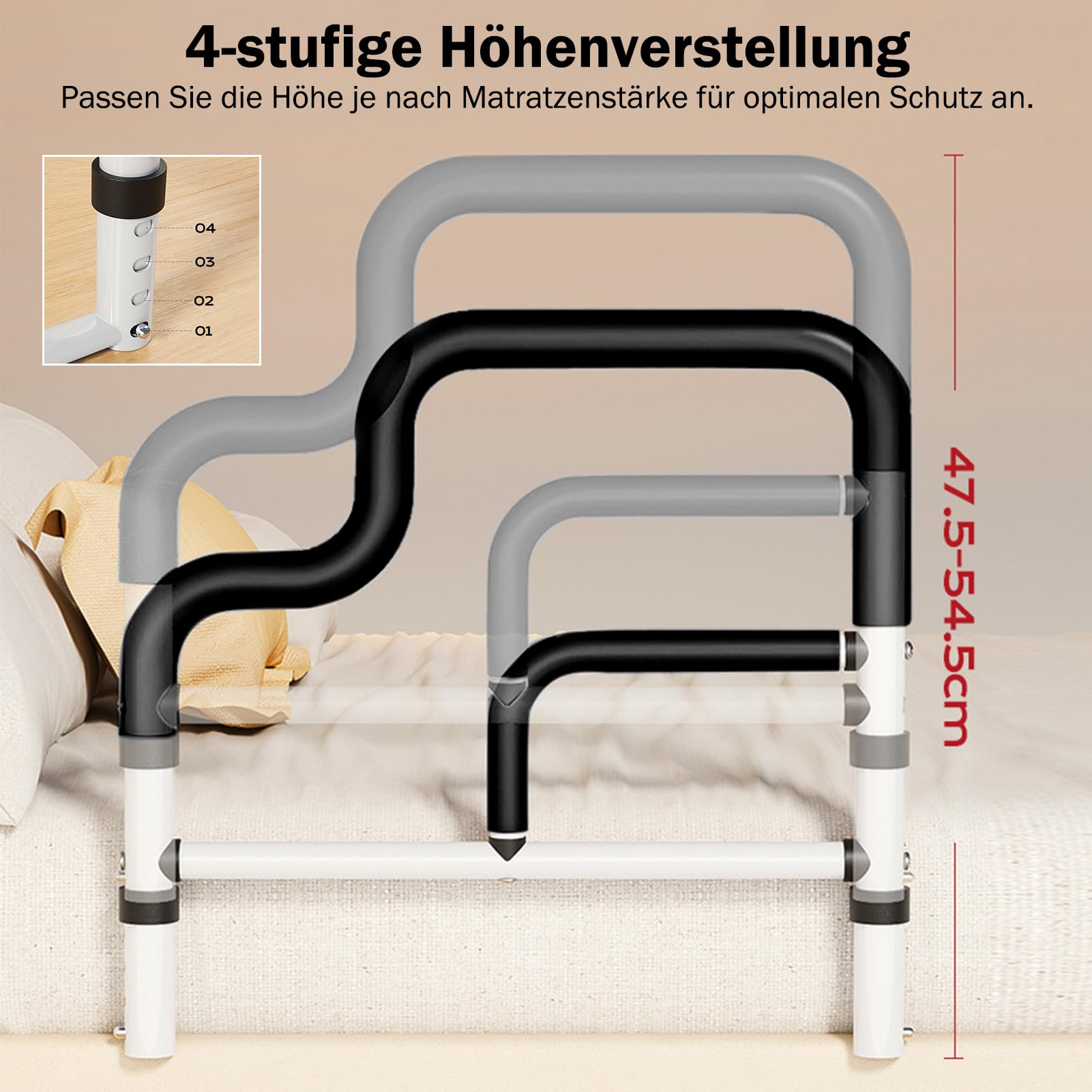 Aufstehhilfe Bett Senioren, Verstellbarer Bettgitter mit rutschfestem Schaumstoffgriff & Aufbewahrungstasche，Stabiler Metallrahmen, Sturzpräventionshilfe für den Heimgebrauch