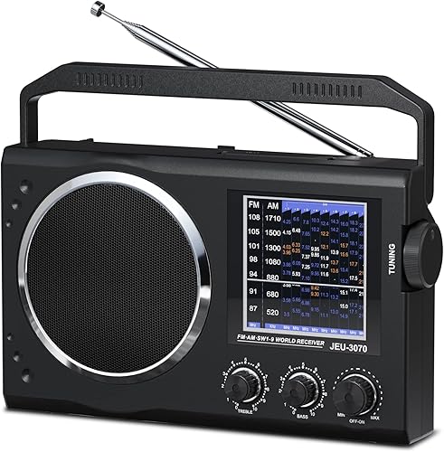 JEUJUG Radio AM FM portátil, radio de onda corta de 9 bandas con antena extra larga de 40 pulgadas, mejor recepción, radio ajustable de agudos y