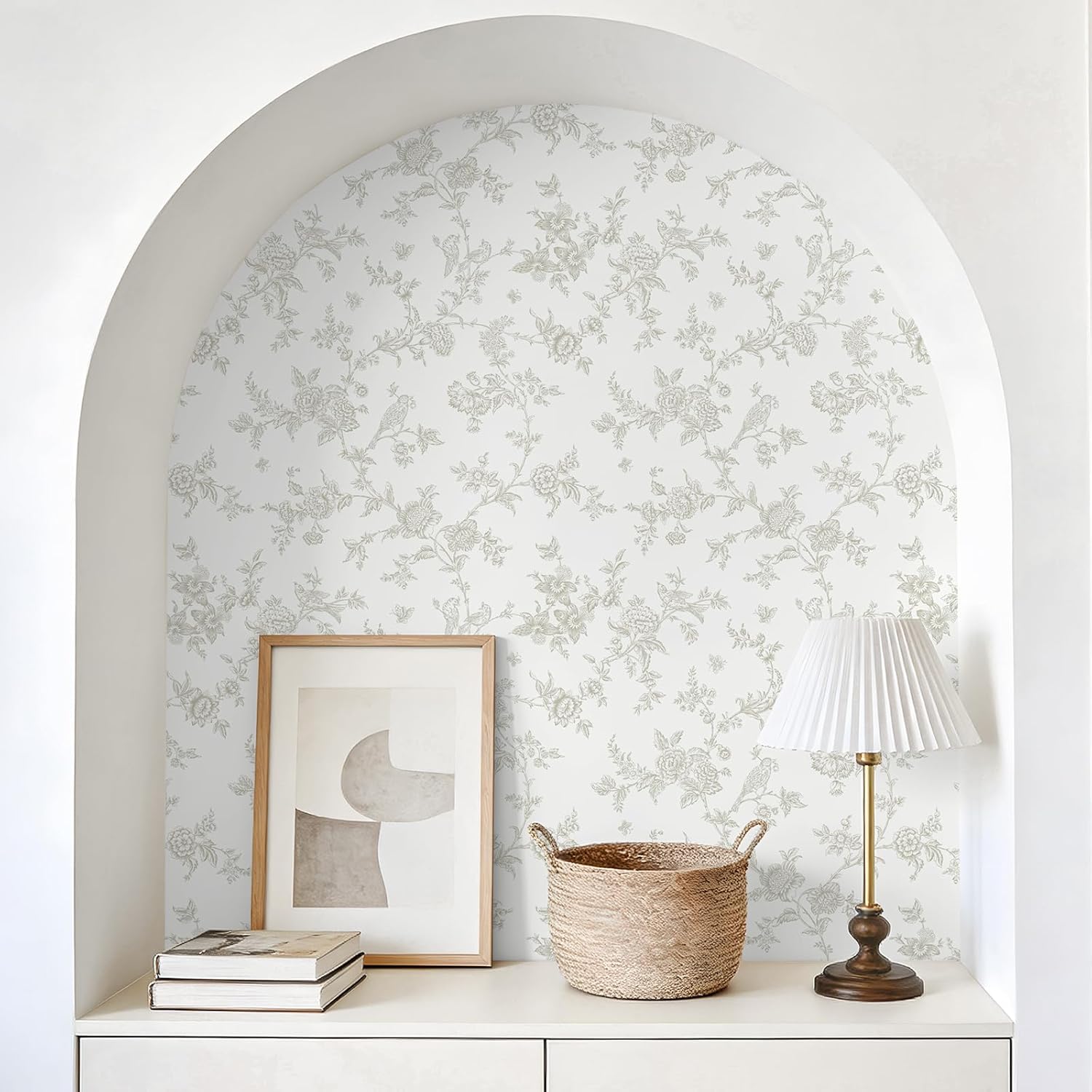 VEELIKE Chinoiserie Floral Trail Peel and Stick Wallpaper Cottagecore Beige Toile Wallpaper with Birds 17.7''x354'' Self Adhesive Contact Paper Removable Wall Covering for Bedroom Bathroom Nursery