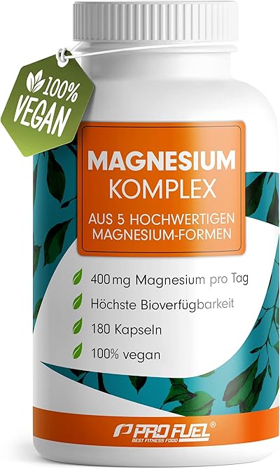 Magnesium Komplex 180 Kapseln, 400 mg elementares Magnesium pro Tag, 5 hochwertige Formen: Mag.-Oxid, Citrat, Bisglycinat, Malat & Ascorbat, laborgeprüft mit Zertifikat, Vorrat für 3 Monate