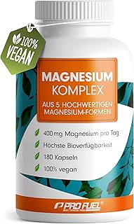 Magnesium Komplex 180 Kapseln, 400 mg elementares Magnesium pro Tag, 5 hochwertige Formen: Mag.-Oxid, Citrat, Bisglycinat, Malat & Ascorbat, laborgeprüft mit Zertifikat, Vorrat für 3 Monate