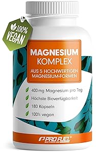 Magnesium Komplex 180 Kapseln, 400 mg elementares Magnesium pro Tag, 5 hochwertige Formen: Mag.-Oxid, Citrat, Bisglycinat, Malat & Ascorbat, laborgeprüft mit Zertifikat, Vorrat für 3 Monate
