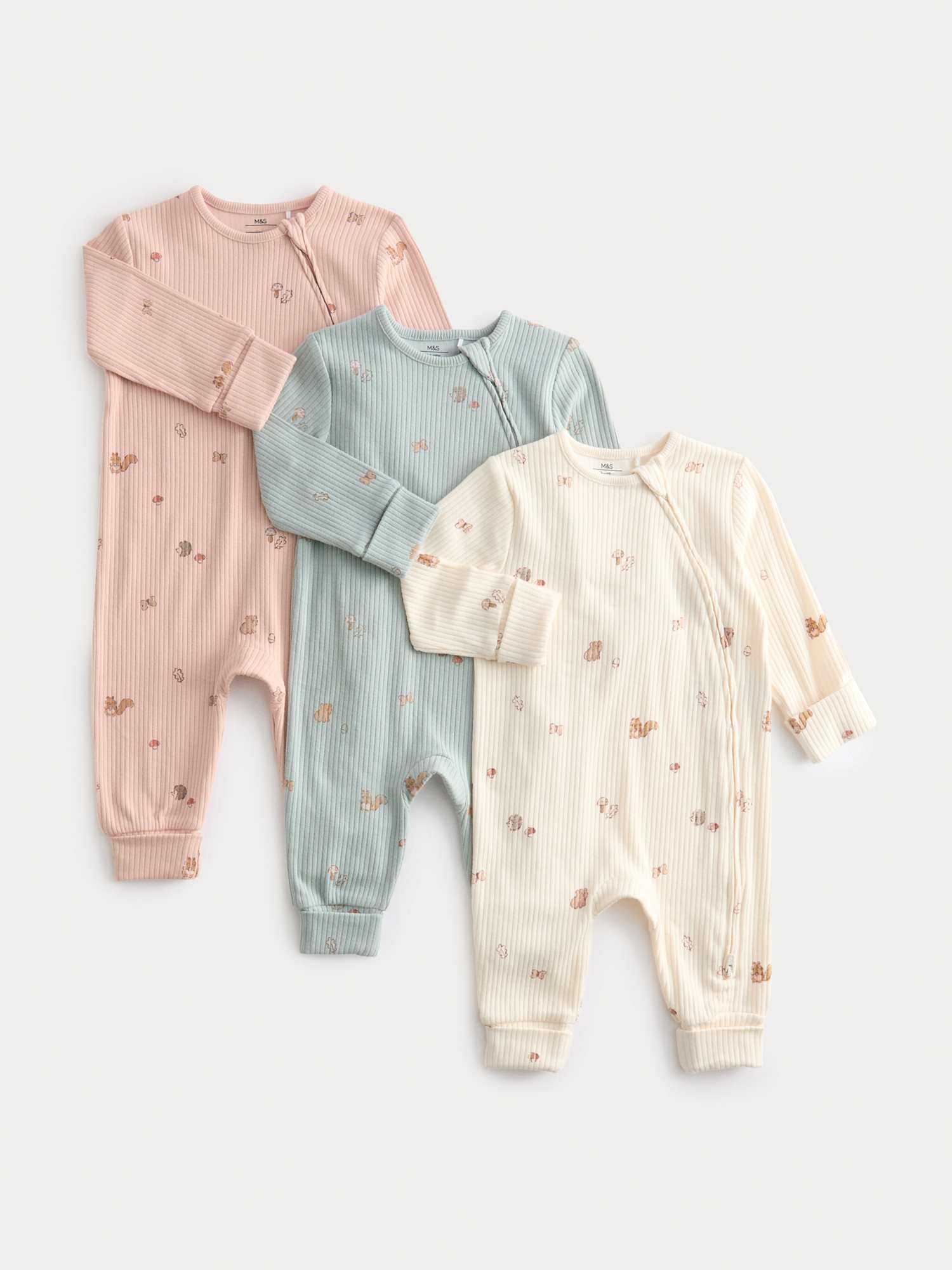 Marks & Spencer Grenouillères Bébé Lot de 3 Imprimé Forêt, Mixte Garçon et Fille, 100% Pur Coton, Coupe Standard, avec Stretch