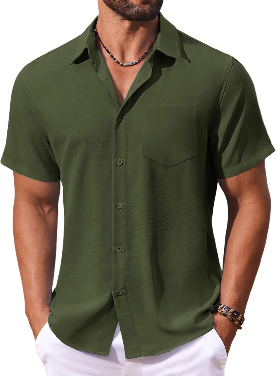 COOFANDY Men's Button Down Shirts Short Sleeve Casual Summer Shirts Beach Wedding Shirt with Pocket Army Green XX-Large