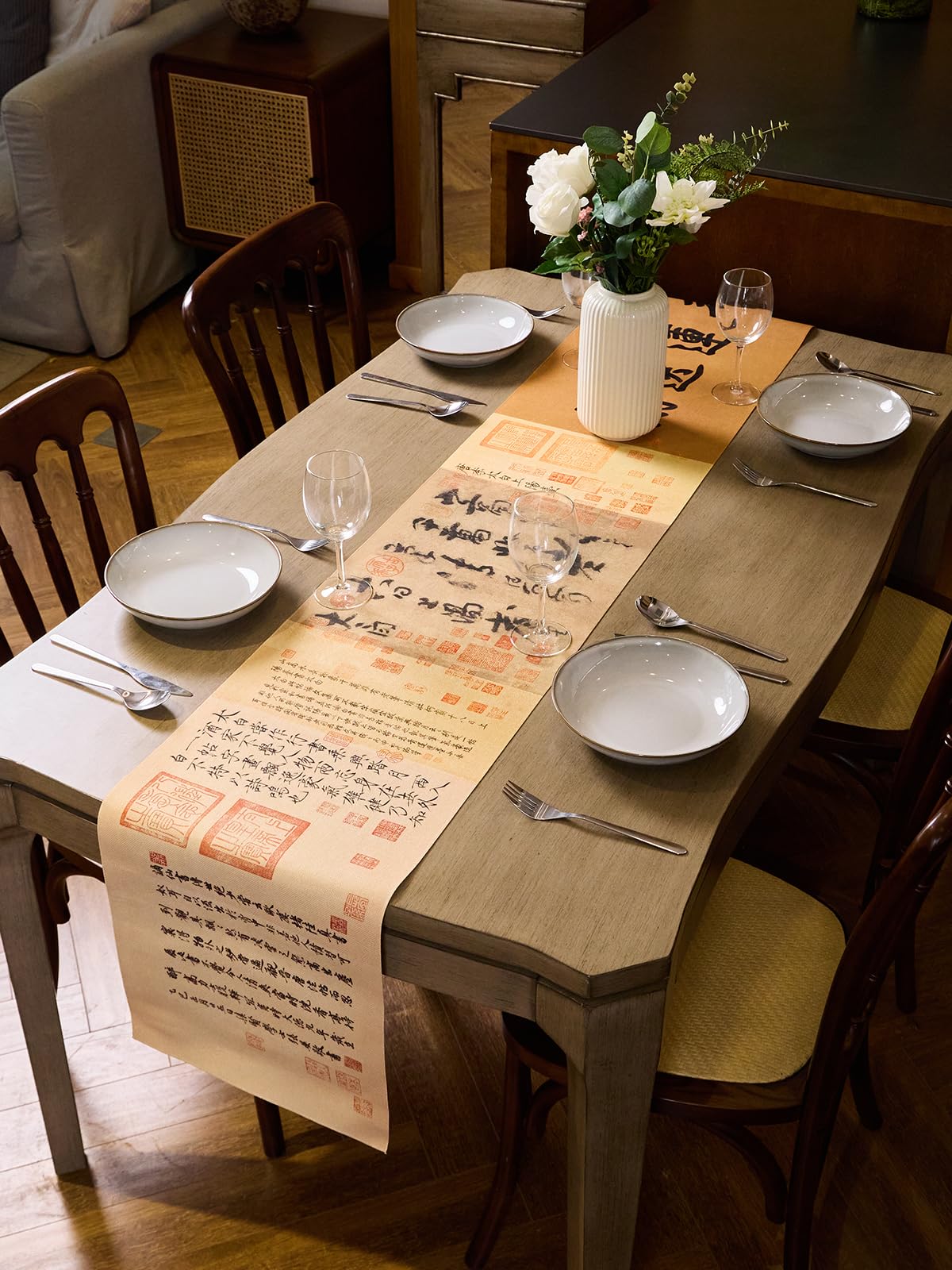 Li Bai Poetry Table Runner 72 Inches Long,Handmade Chinese Calligraphy Art Table Cloth, Waterproof Linen Fabric for Dining Table Runners, Rustic Table