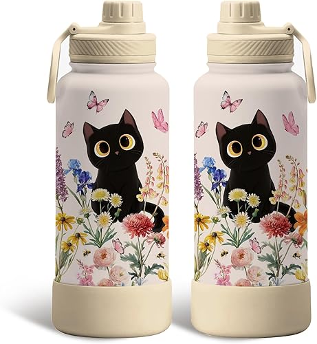 Miniatura 13 de Regalos de gatos para los amantes de los gatos, botella de agua aislada de 34 onzas, botella deportiva de acero inoxidable con tapa de boquilla, sin