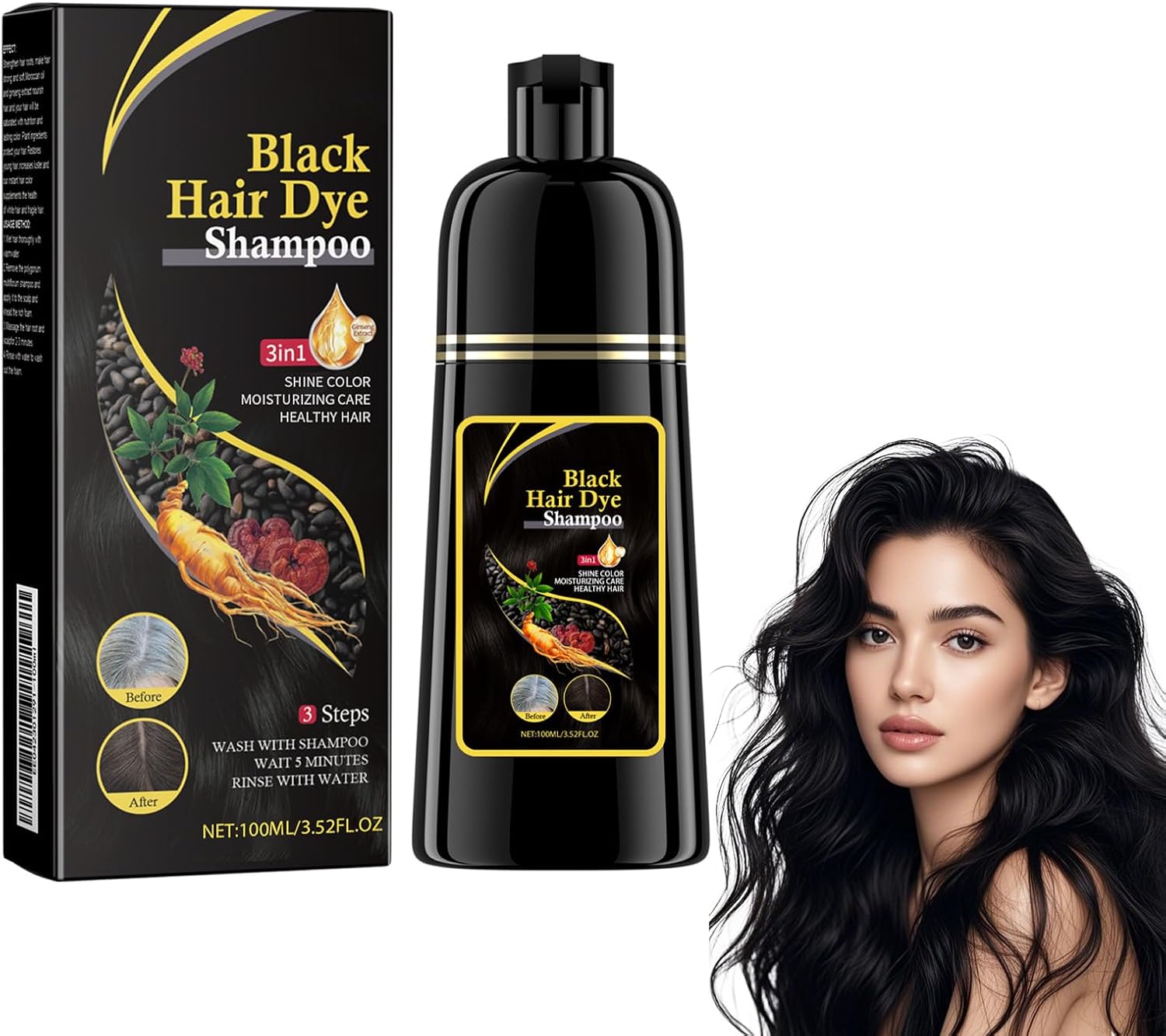 Natural Hair Dye Shampoo, Black Hair Dye Shampoo 3-in-1, promotes hair growth and prevents hair loss