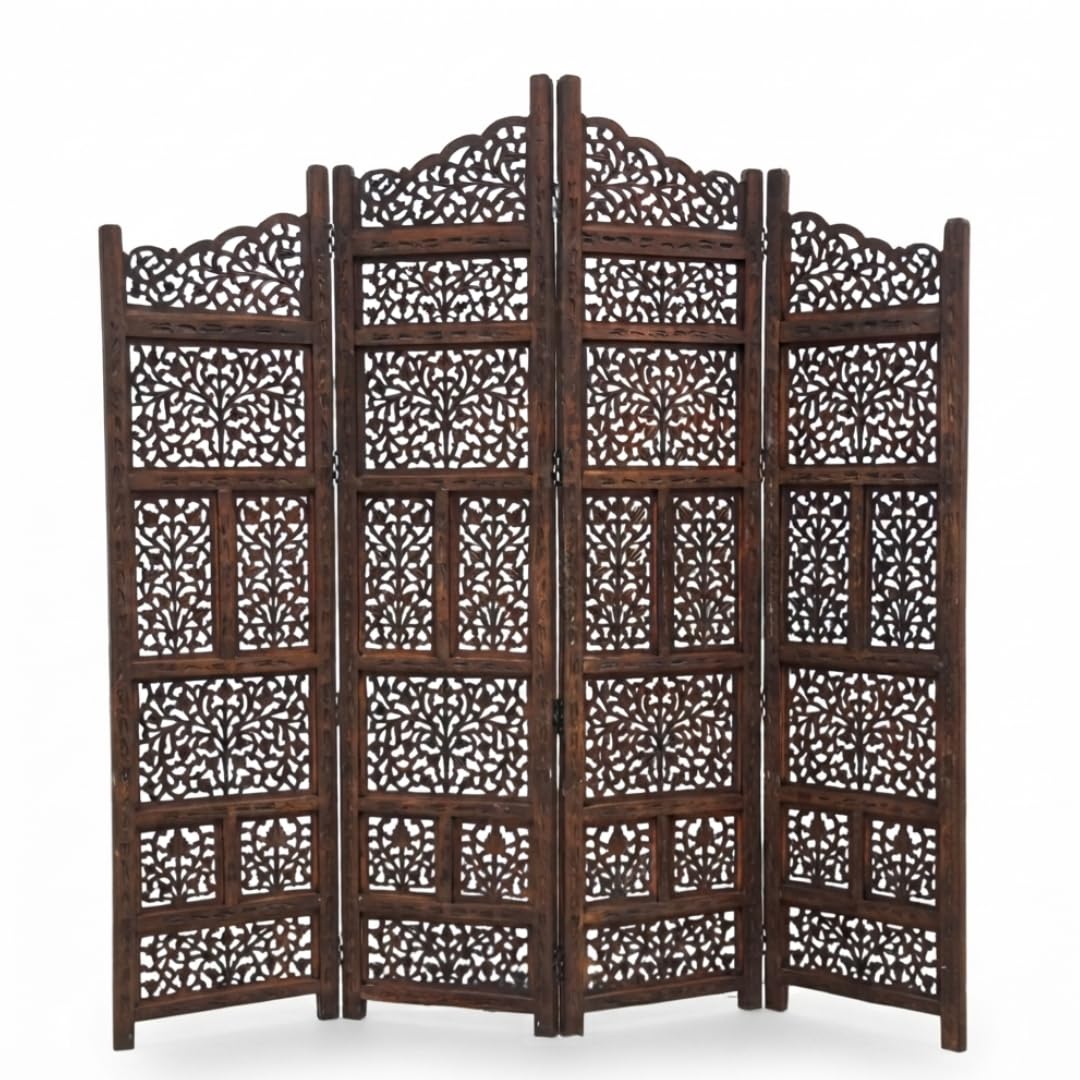Wooden Partition for Living Room | 4 Panel Handcrafted Folding Room Divider | Wooden Privacy Screen Separator for Hall, Bedroom, Pooja Room & Office | Distressed White Finish-image-39