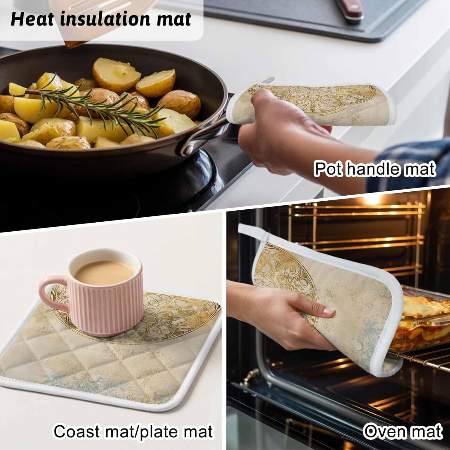 5 Pack Pot Holders for Kitchen, Golden Floral Hot Pads for Kitchen Countertops Oven Pot Holder Bulk, Vintage Smear Abstract Art Heat Insulation Potholders with Hanging Loops