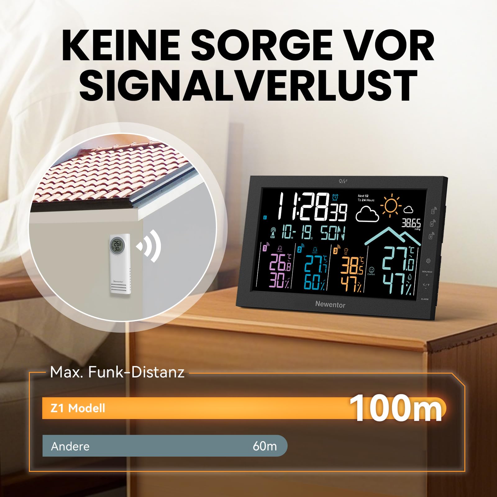 Newentor Wetterstation mit 3 Außensensoren, Netzbetrieb, große Anzeige | 7,5" HD-Farbdisplay, zeigt 3 Kanäle gleichzeitig, DCF-Funkuhr, Außensensor mit eigenem Display, Schwarz.
