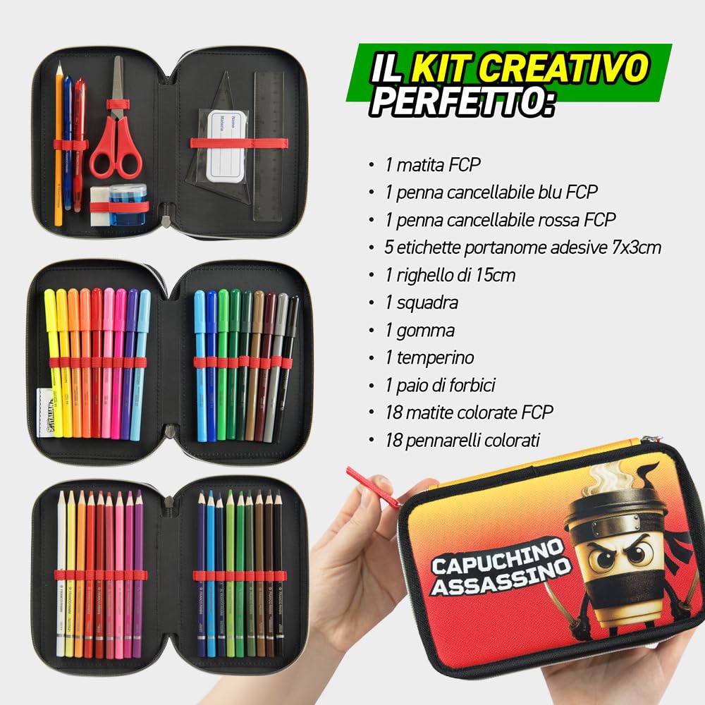 BRAINROT - Astuccio Scuola Ufficiale Brainrot, Astuccio 3 Scomparti con Forbici, Pennarelli, Matite Colorate, Penne, Temperino, Righello e Gomma, Interno Foderato, 20x13hx7 cm