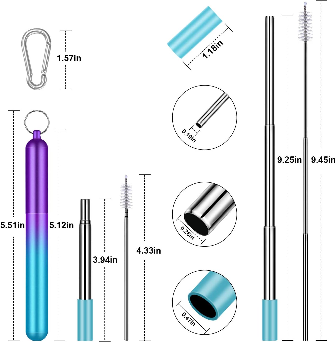 80% Off Discount Reusable Straws Collapsible Stainless Steel, 2 Pack Portable Telescopic Metal Drinking Straws with Case, Aluminum Key-chain, Cleaning Brushes for Home Work Travel (Black & Azurepurple)