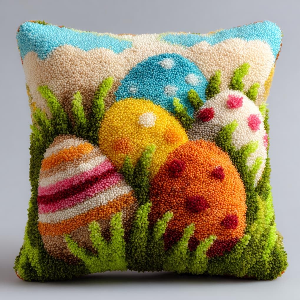 WallustrioaW Latch Hook Kits Pillow for Adults,Easter Eggs in the Grass,Pre-Printed Patterns Pillowcase Needlework Crochet Yarns Latch Hooking Cushion for Sofa Decor,17x17in