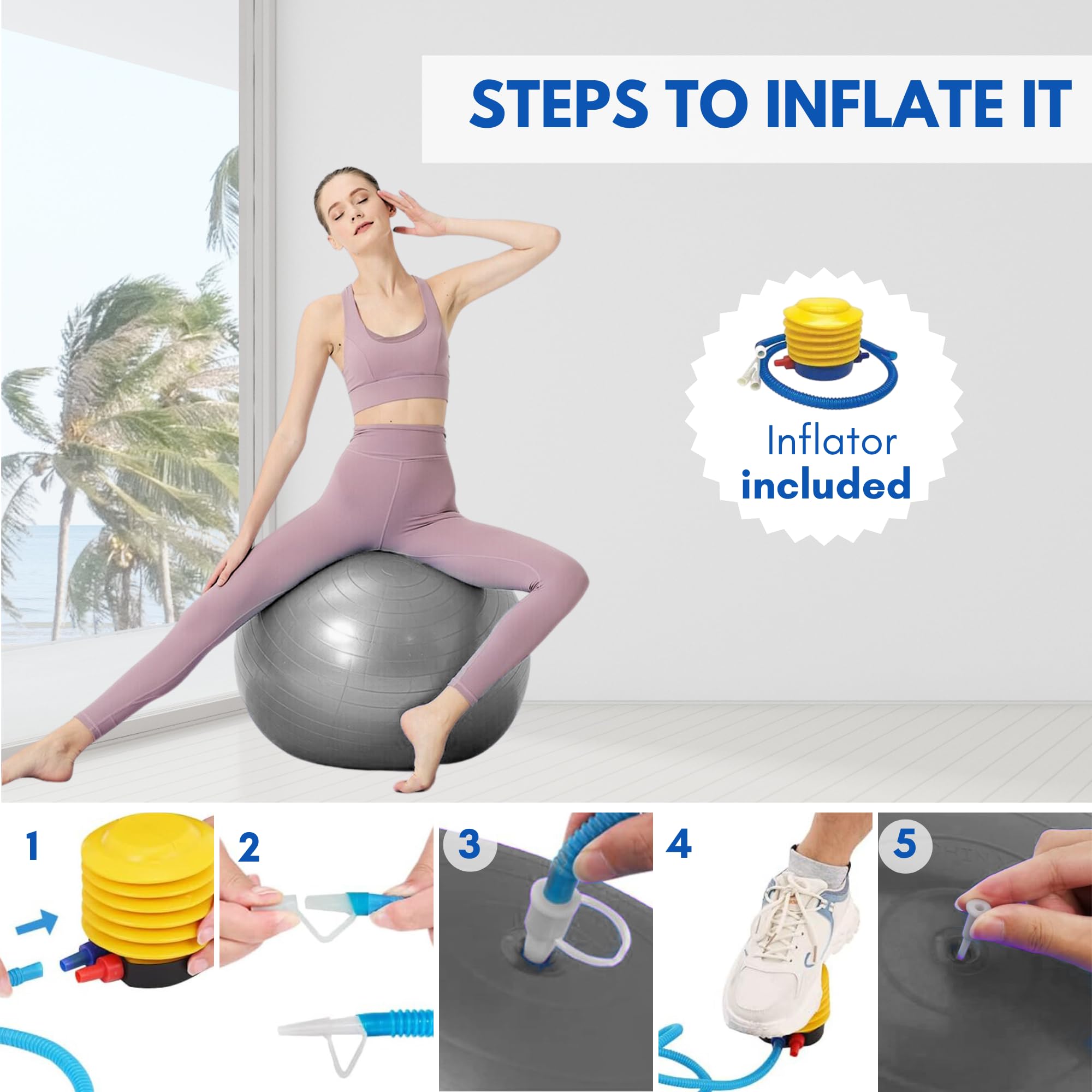 Ballon de Yoga 55 cm PVC Antidérapant Fitball avec Gonfleur