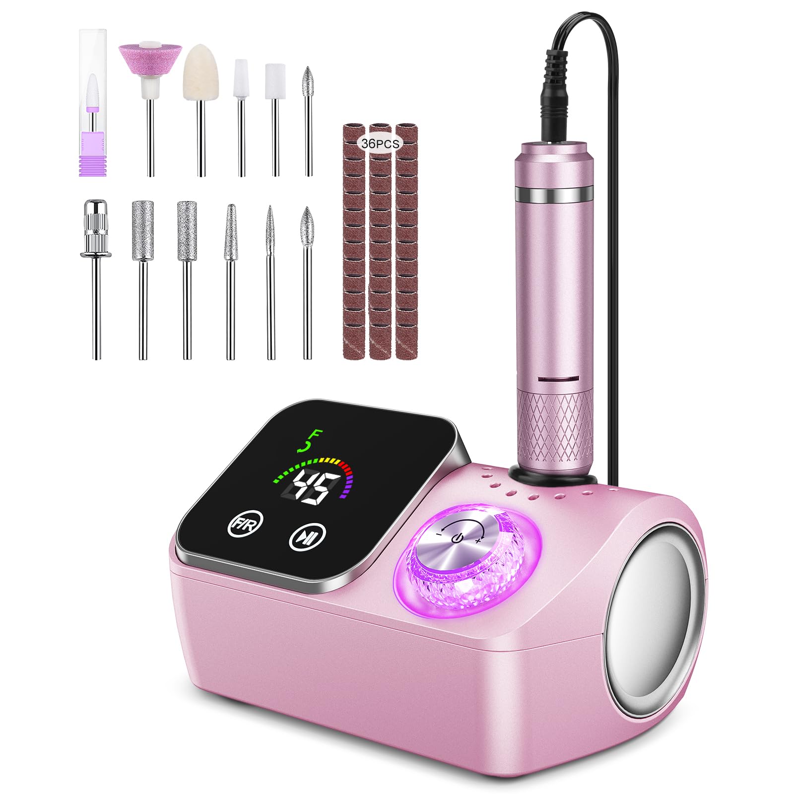 Torno para Uñas,Torno para Uñas Profesional 45000 RPM,12 12 Cabezales de Pulido, Pantalla táctil LCD,Perilla de cristal,Lima portátil para uñas acrílicas y de gel (Rosa claro)