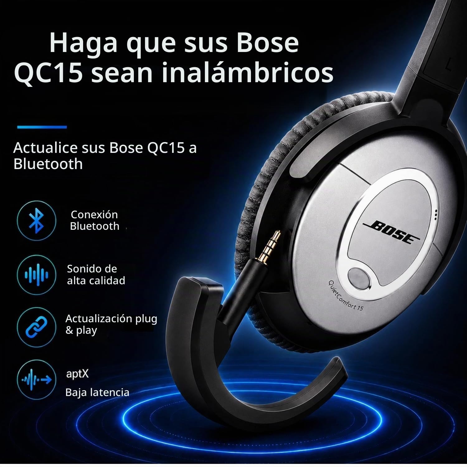 aptX - Adaptador inalámbrico Bluetooth 5.0 para Bose QuietComfort QC 15 y QC 2 con micrófono/control de volumen, color negro
