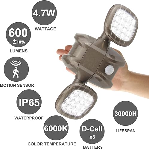 Miniatura 9 de HONWELL Luz con sensor de movimiento para exteriores, funciona con pilas, luz de inundación de seguridad exterior, inalámbrica, IP65, impermeable,