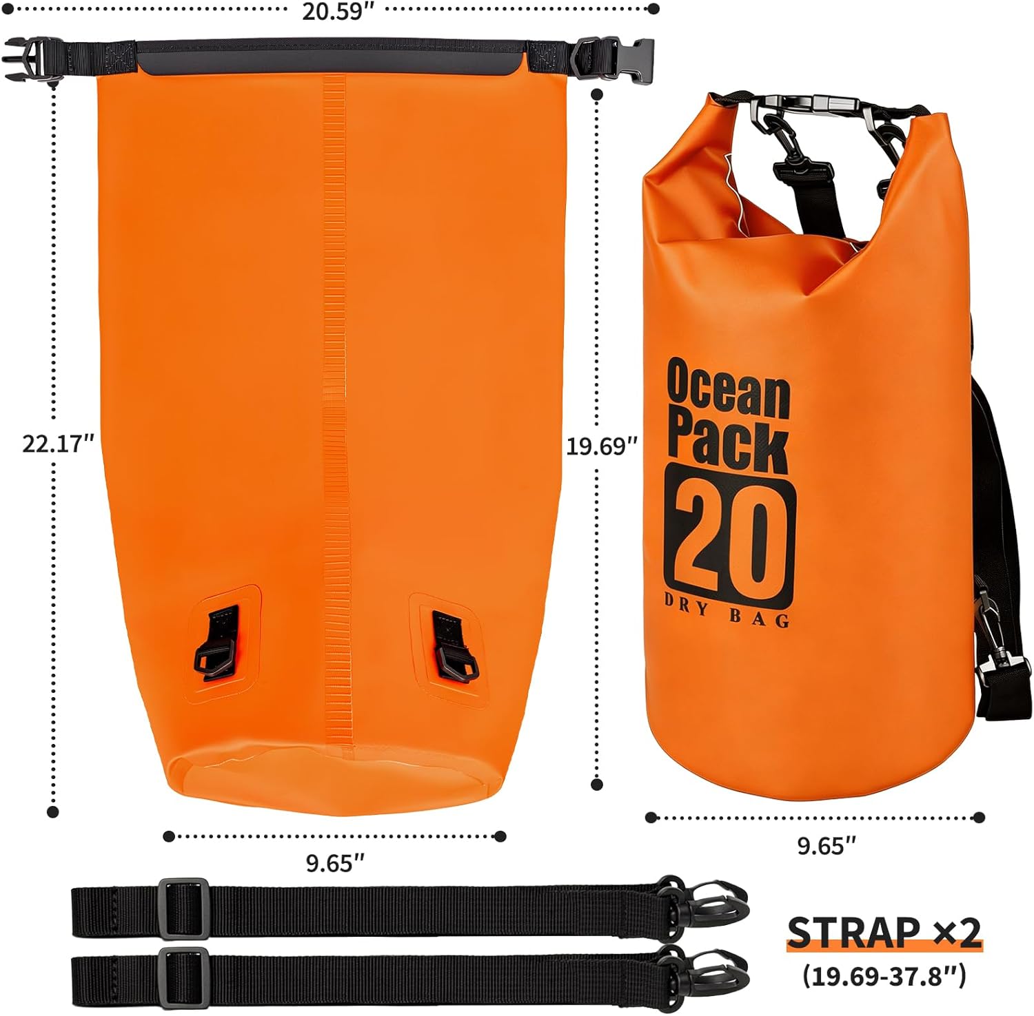 Waterproof Dry Bag, 20L Water Proof Backpack, Roll Top Closure Dry Bag Orange, Heavy Duty Floating Pouch for Kayaking Boating, Durable Hiking Backpack with IPX8 Waterproof Phone Case-Black, 7"