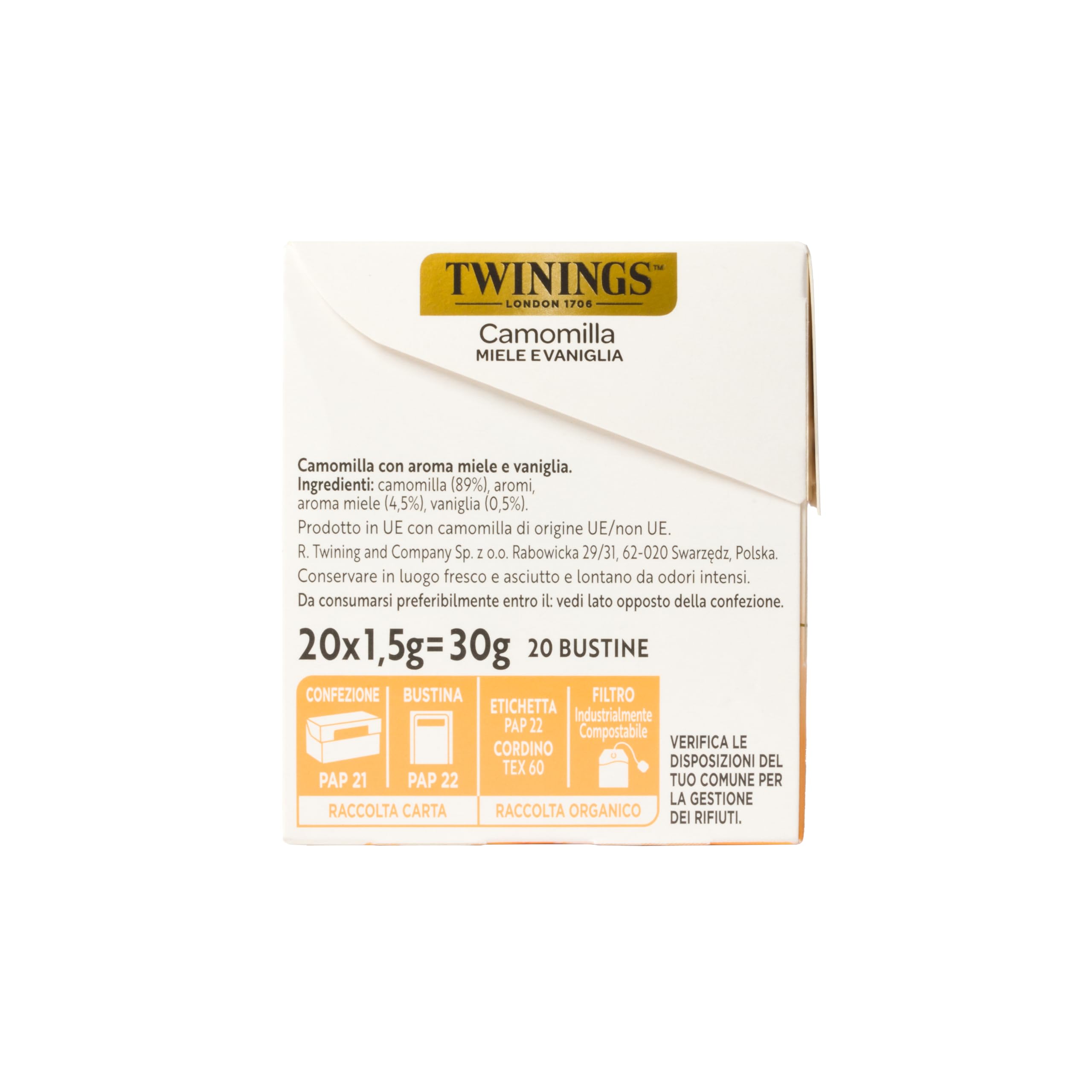 Twinings, Camomilla Aromatizzata al Miele e Vaniglia, Gusto Dolce e Avvolgente, Senza Caffeina, Infusi e Tisane, 6 Confezioni Convenienza da 20 Filtri (120 Filtri Totali)