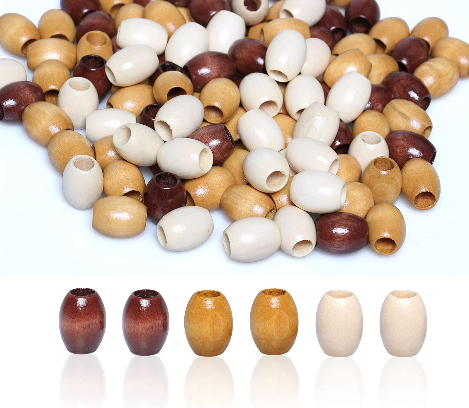 60Pcs 17 x 14mm Oval Wood Beads in Beige, Coffee, Brown Mixed Colors, Large Hole Wooden Barrel Beads with 5mm Hole for Bead Crafts Home Party Bead Decor Making (20pcs for Each Color)