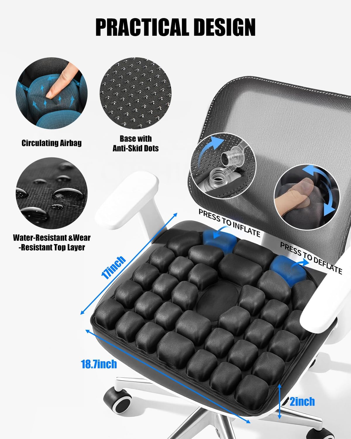 Inflatable Seat Cushion for Travel, 2" Thick Airplane Seat Cushion for Long Flights with Hand Pump & Included Eye Mask, Portable Air Chair Pad for Office, Car, Stadium & Wheelchair, 18.7"x17"