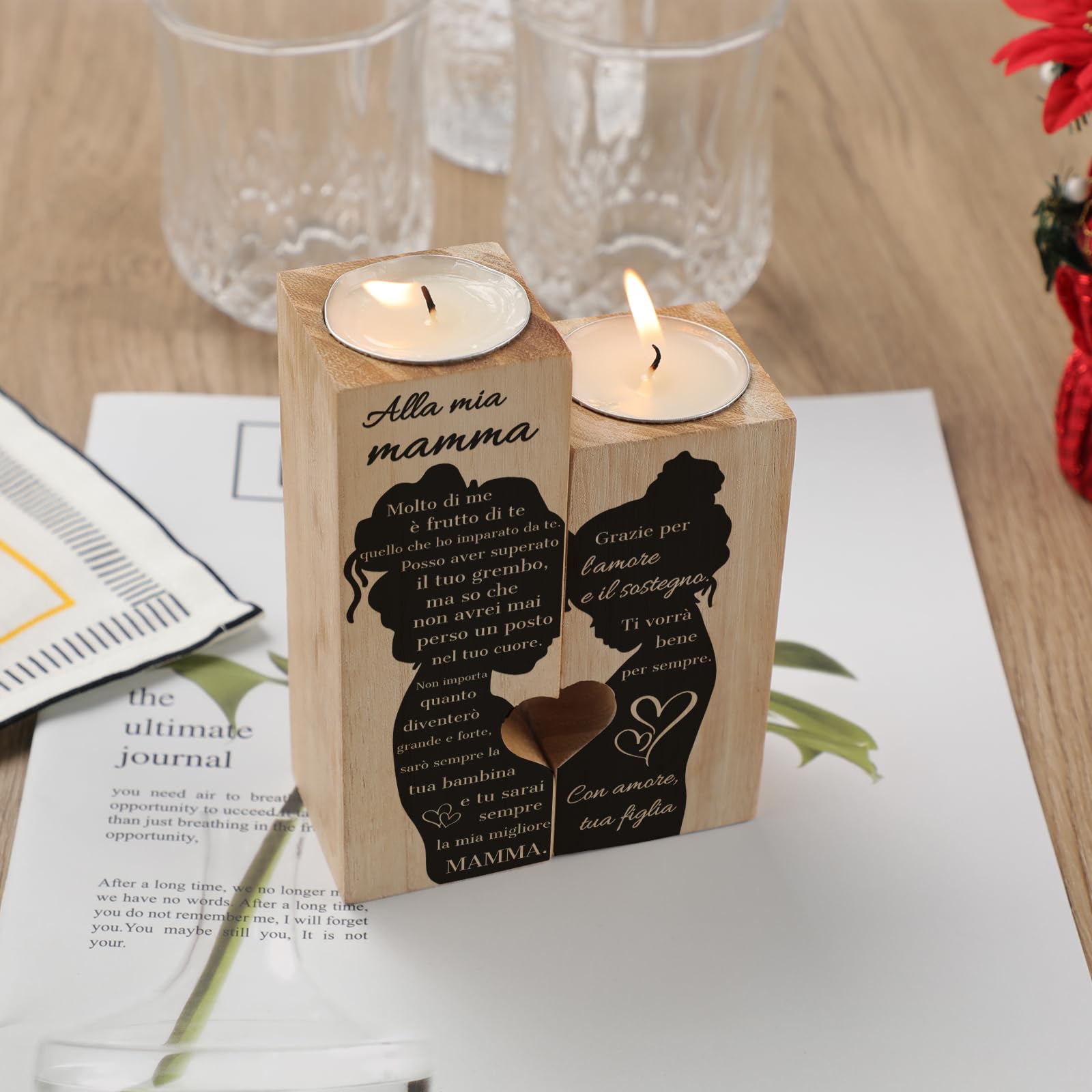 Regalo Per Mamma - Portacandele In Legno Madre E Figlia Per Compleanno O Natale - Foto 3
