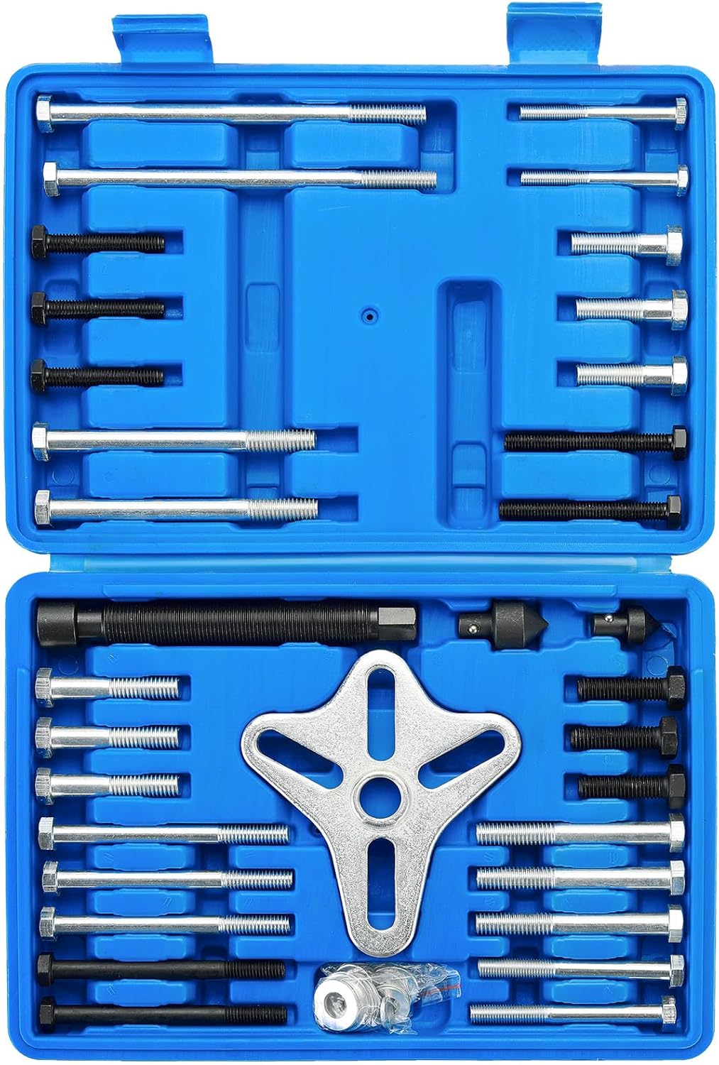 46pcs Harmonic Balancer Puller Set, Steering Wheel Flywheel Crankshaft Pulley Puller kit with Harmonic Balancers, Crankshaft Pulleys and Gears, Work on Most Cars, Pickups, SUVs (Blue)