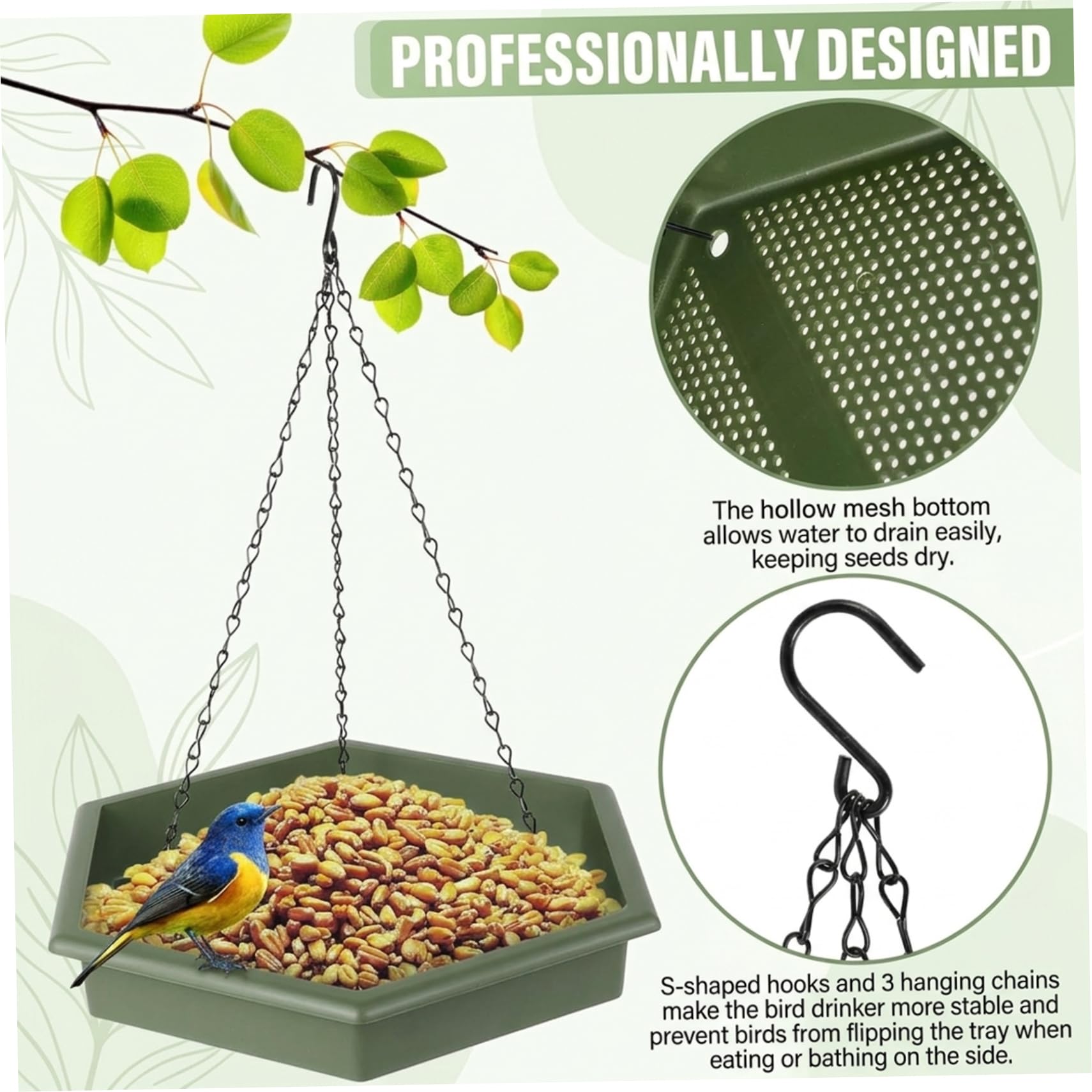 Comedero Colgante para pájaros de 1600 ml para Exteriores con Bebedero, 2 en 1, comedero para jardín, Color Verde.