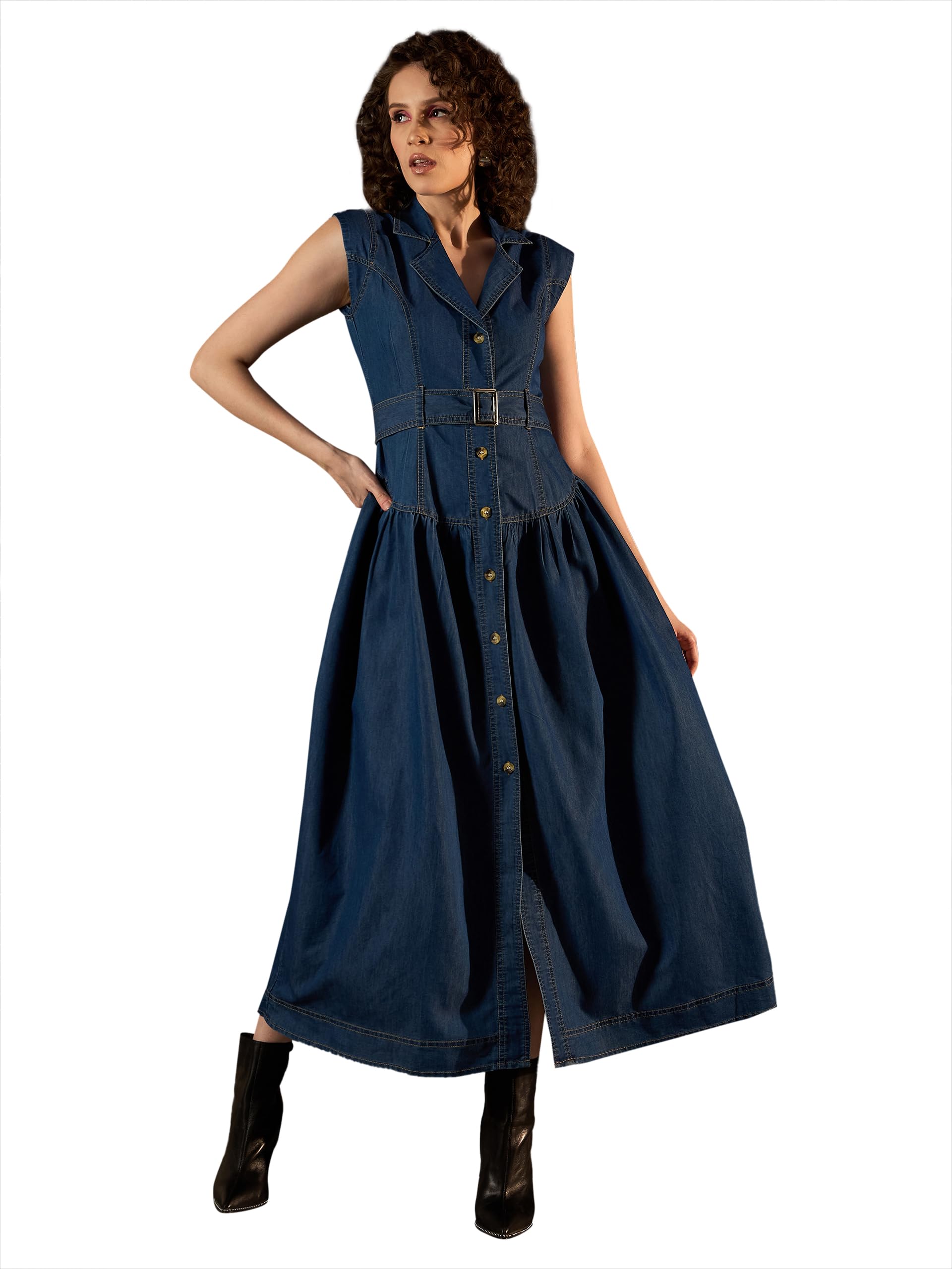 Buy StyleStone Women's Denim Maxi Dress with Lapel and Belt  (4221BluTroyMaxiS) at Amazon.in