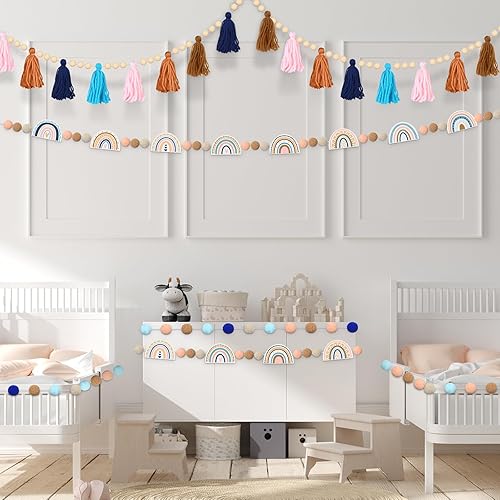 Miniatura 4 de Sumind 5 guirnaldas de borlas de arco iris, guirnalda bohemia con pompones, guirnalda de bola de fieltro de arco iris, guirnalda colorida para aula,