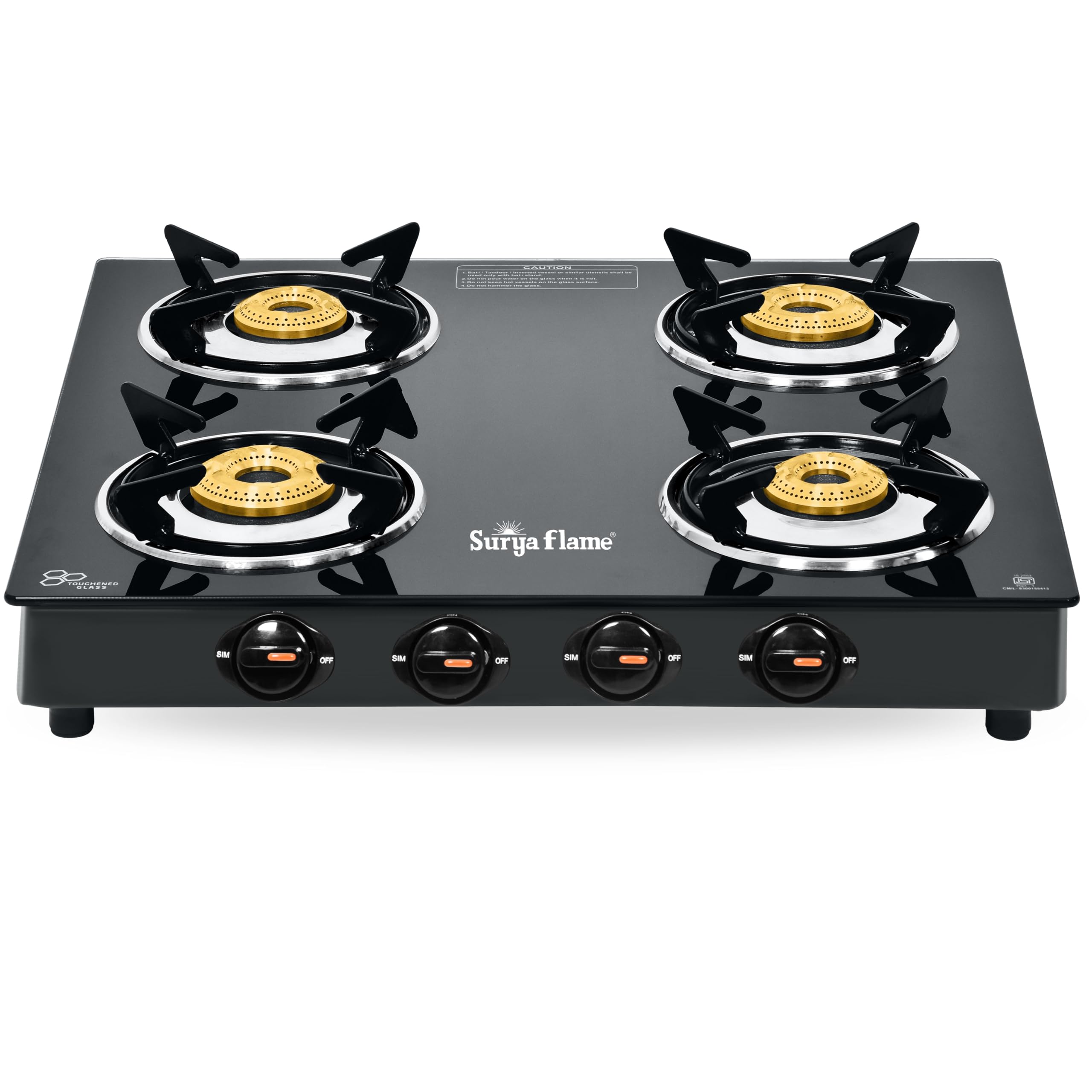 Surya Flame LPG 4 Burner Gas Stove with Fuel-Efficient Tri-pin Brass Burner toughened glass Smart Glass Top Cooktop ISI Certified Doorstep Services 2 Years