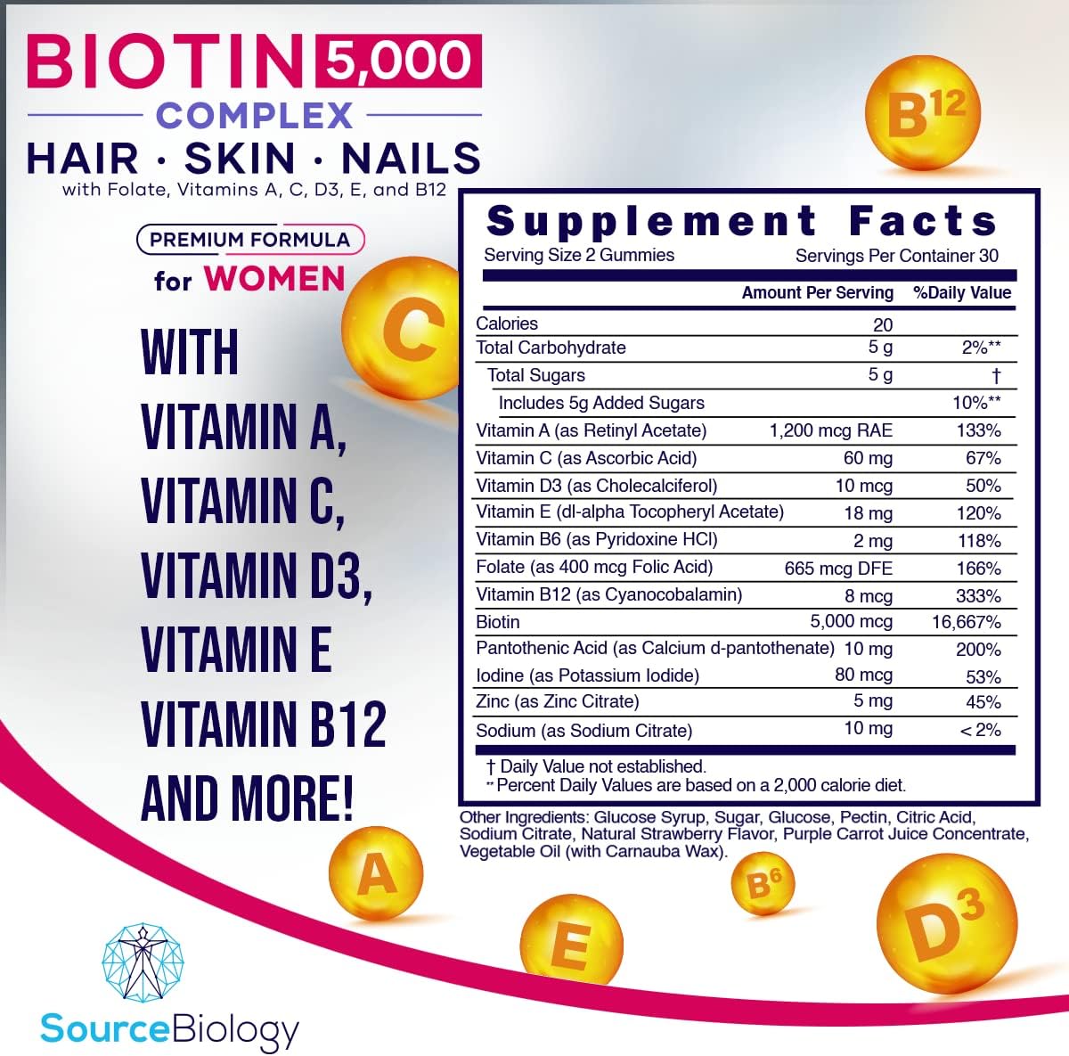 Source Biology Biotin 5000 Mcg Complex - Hair, Skin, Nails Premium Formula for Women - High Potency Vegan Friendly Gummies - with Folate, Vitamins A, C, D3, and B12