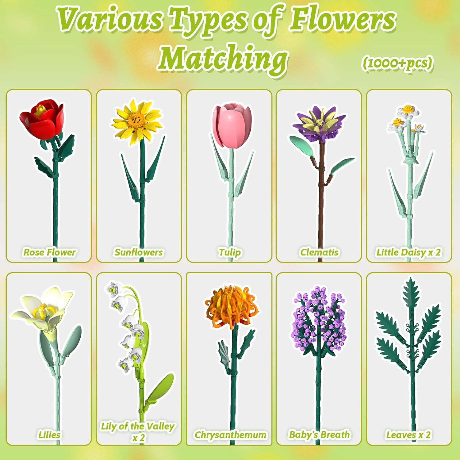 Flowers Bouquet Building Blocks Toy Set, 1000+PCS DIY Artificial Flower Bouquet Building Kit with Rose, Sunflower Wildflower Collection, Birthday Gifts for Adults Women Mom Teen（14+）, Home Decor