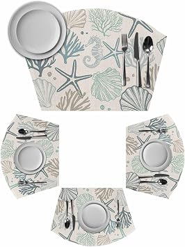 Aqua Teal Coastal Round Table Placemats Set of 6 Wedge Placemats, Summer Beach Starfish Coral Nautical Rustic Place Mats for Dining Table Set Washable Mats Kitchen Decor for Indoor Outdoor Wipe Clean