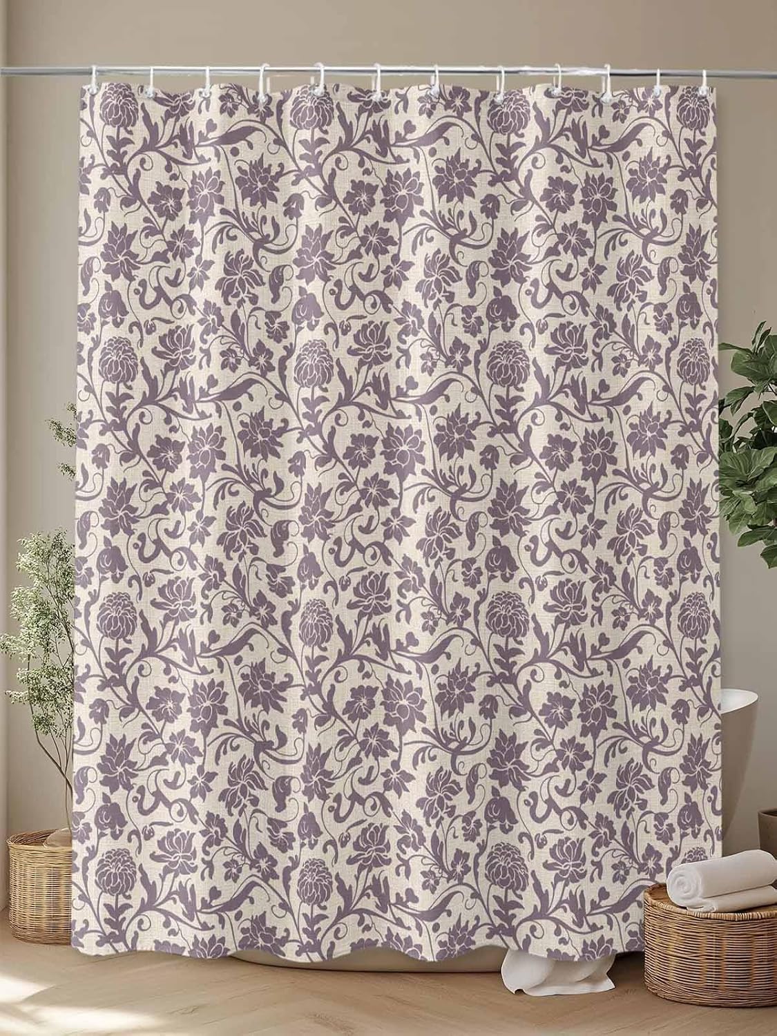 Vintage Botanical Purple Shower Curtain Set - 36" x 78" Washable Bathtub Curtain with 12 Hooks, Farmhouse Ethnic Floral Waterproof Fabric Stall Shower Curtains for Bathroom/Bathtub Décor