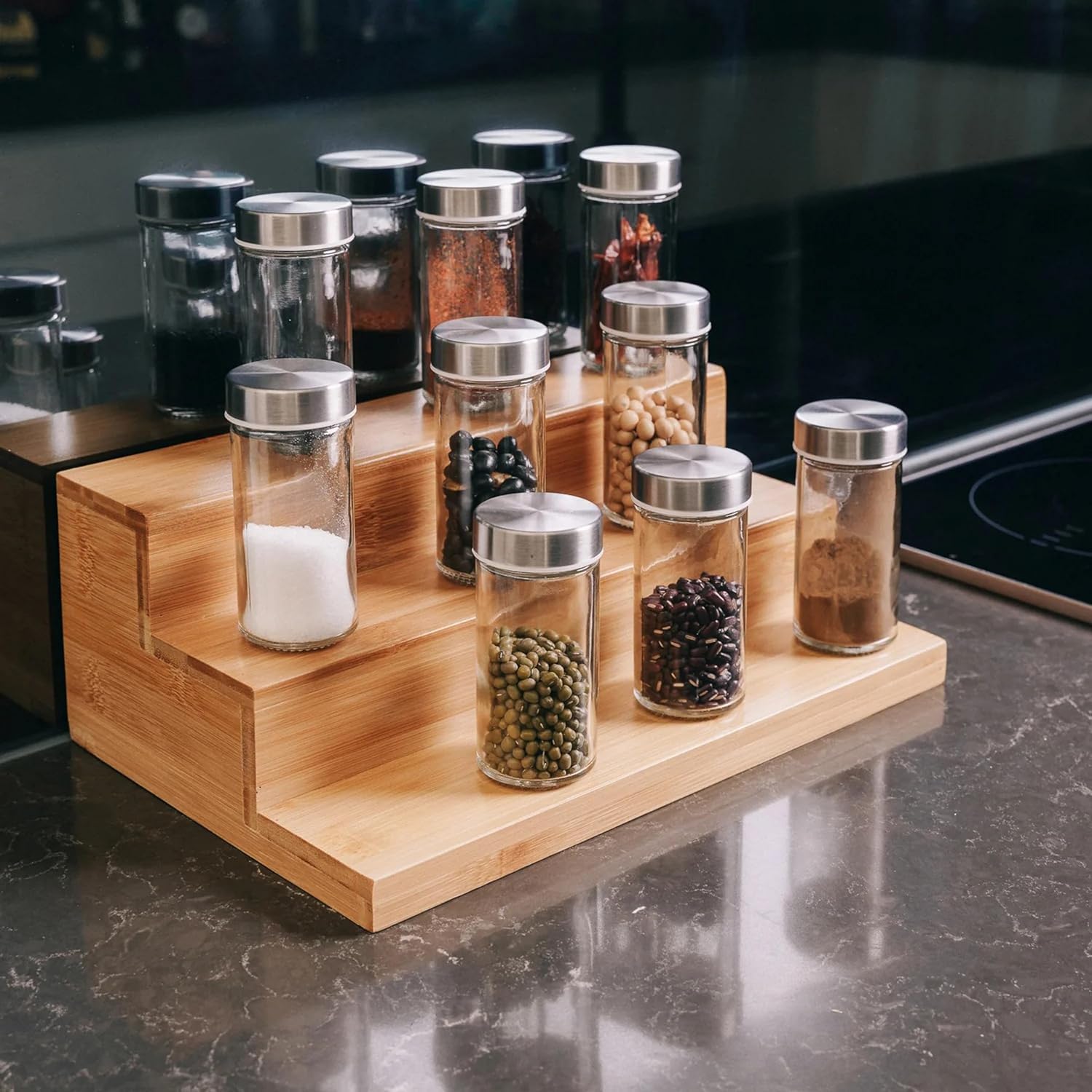 Hamdan 3 Step Spice Rack Countertop, Shelf Organizer Stand For Cabinet/Cupboard, Multipurpose Wooden Kitchen Organizer-Large