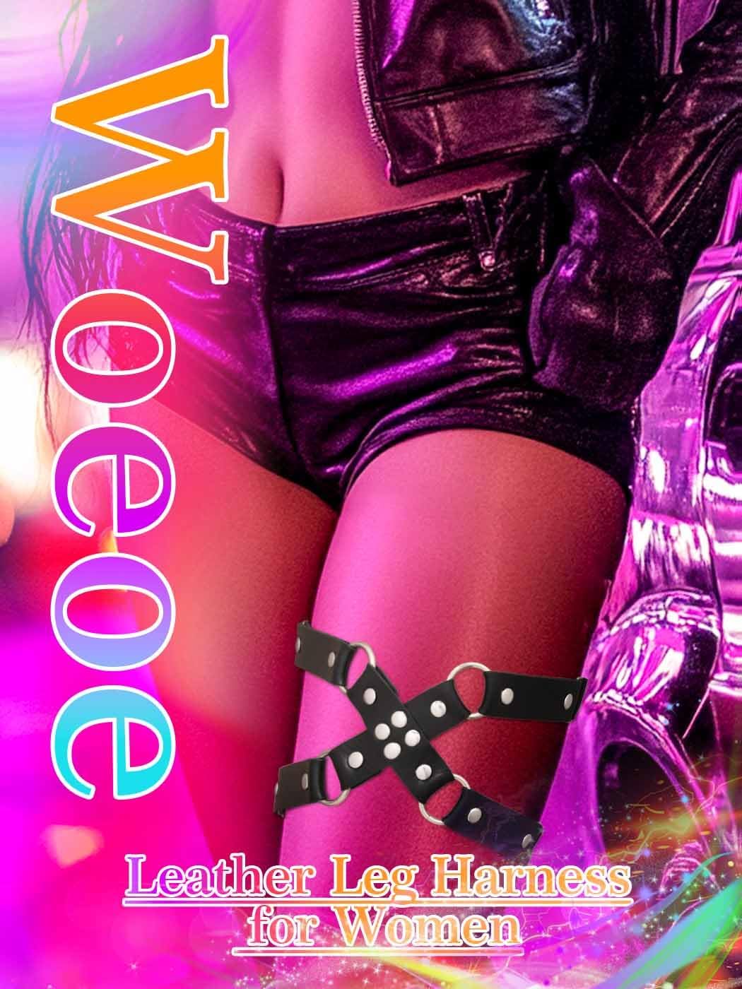 Woeoe Cross Leather Leg Harness Black Studded Garter Belt Halloween Cosplay Rave Thigh Body Accessories for Women