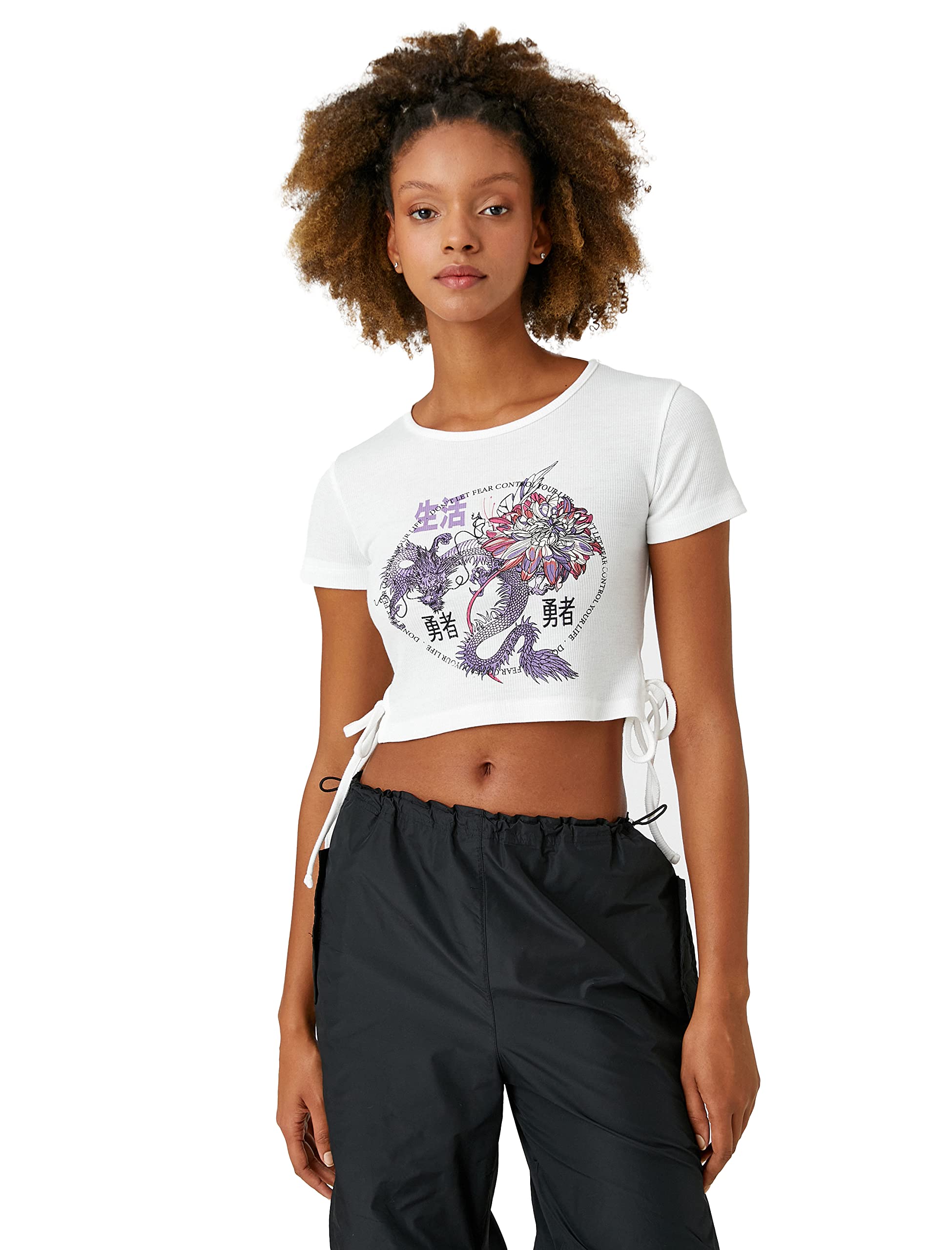 Crop Tişört Uzak Doğu Baskılı Kısa Kollu Bağlama Detaylı T-Shirt Kadın