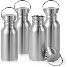 Volhoply 16oz Stainless Steel Water Bottle with Handle 4 Pack,Non Insulated Single Wall, No Plastic 18/8 304 Metal Water Bottles with Wide Mouth for Camping, Hikers, Cyclists